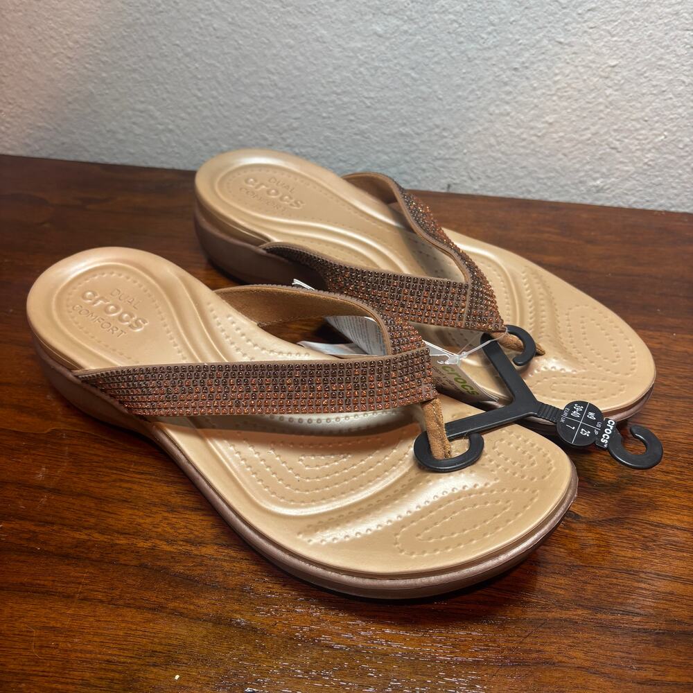 Crocs Capri V Diamante Flip-Flops Womens W9 Bronze Sandals Sequin Thongs Slip On